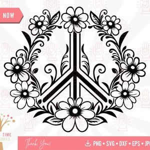 Floral Peace Sign Svg, Wildflower Peace Symbol Cut File, Boho Hippie Love Kindness Clipart