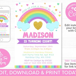 Rainbow Party Invitation, Rainbow Birthday Invitation, Rainbow Party Printable, Girls Birthday Invite, Printable Invitation - PT1162