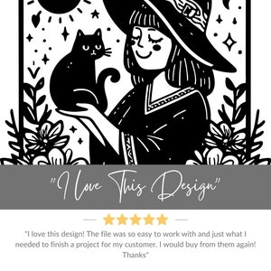 Peut inclure: Illustration en noir et blanc d'une sorci&egrave;re avec un chat noir, portant un chapeau de sorci&egrave;re. L'image comprend des &eacute;l&eacute;ments floraux et c&eacute;lestes, avec le texte "I Love This Design".