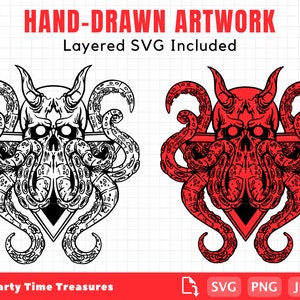 Skull Octopus SVG, Creepy Halloween Svg, Skull Vector Art Clipart, Png - PT1397