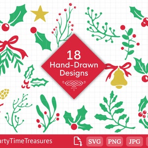 May include: A set of 18 hand-drawn Christmas designs featuring holly, mistletoe, and other festive elements in green, red, and gold.  The designs are perfect for crafting, scrapbooking, and other creative projects.