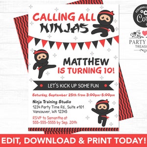 Ninja Birthday Invitation, Ninja Party, Ninja Birthday Party, Ninja Invitation, Ninja Invite, Karate Birthday, Instant Download - PT1115