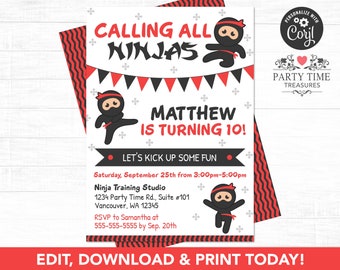 Ninja Birthday Invitation, Ninja Party, Ninja Birthday Party, Ninja Invitation, Ninja Invite, Karate Birthday, Instant Download - PT1115