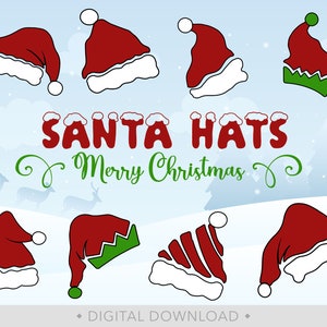 May include: A digital download of ten different Santa hat designs. The hats are red and white with black outlines. Some hats have green trim. The text "SANTA HATS Merry Christmas" is at the top of the image.
