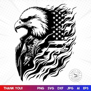 May include: Black and white illustration of an eagle wearing a leather jacket with flames and an American flag behind it. The text "Party Time Treasures" is in a circle below the eagle.