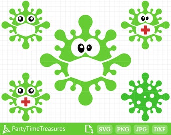 May include: Five green cartoon virus images with googly eyes and a white face mask. One virus has a red cross on the mask.