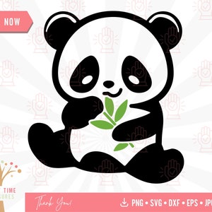 Lindo bebé panda con bambú Svg, Kawaii Panda Cut File, Animal Svg, Bear Png