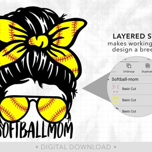 K&ouml;nnte beinhalten: Schwarz-gelbes Softball-Mom-Design mit Sonnenbrille und einem Dutt. Das Bild enth&auml;lt den Text "#SOFTBALLMOM" und "LAYERED SVG makes working with design a breeze!" Digitaler Download.