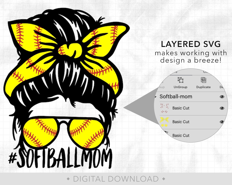 K&ouml;nnte beinhalten: Schwarz-gelbes Softball-Mom-Design mit Sonnenbrille und einem Dutt. Das Bild enth&auml;lt den Text "#SOFTBALLMOM" und "LAYERED SVG makes working with design a breeze!" Digitaler Download.