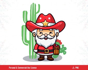 Santa Cowboy PNG, Country Western Cowboy Weihnachtsmann Clipart, Weihnachtskaktus Png, Wüstenweihnachts Sublimationsdesign, digitaler Download