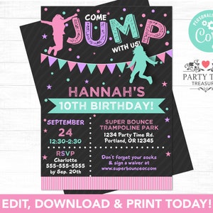 Girls Jump Invitation - Trampoline Birthday Invitation - Trampoline Park - Jump Birthday Invitation - Editable Invite - PT1110