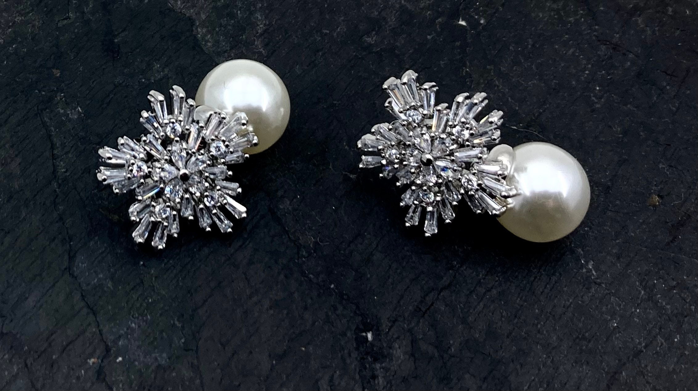 Snowflake Pearl Earrings, CZ and Pearl Stud Wedding Earrings