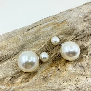 Double Pearl Earrings, Double Sided Pearl Earring, Double Ball Earrings, Bridal Pearl Earrings, Wedding pearl earrings, Bridesmaid Gift image 2