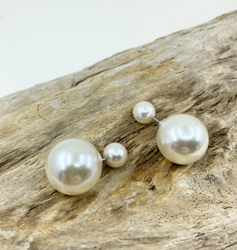 Double Pearl Earrings, Double Sided Pearl Earring, Double Ball Earrings, Bridal Pearl Earrings, Wedding pearl earrings, Bridesmaid Gift image 2