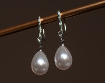 925 Sterling Silver Pearl Earrings, Pearl Drop Earring, CZ Drop Earrings, Pearl Bridal Earrings, Wedding Pearl Earrings, Bridesmaid Gift