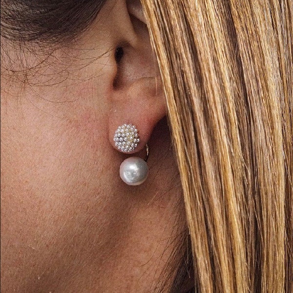 Double Pearl Front and Back Earrings, Double Pearl Ear Jacket, Double Sided Cluster Pearl Earring, Wedding pearl earrings