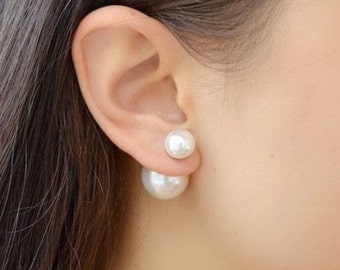 Double pearl earring, Bridal pearl earings, Wedding pearl earrings, Bridesmaid Gift