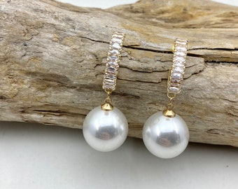 Freshwater pearl and diamond and drop earrings, CZ and pearl drop wedding earrings, Bridal pearl earings, Bridesmaid Gift