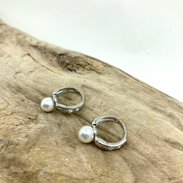 925 Sterling Silver Pearl Hoop Earrings, Pearl Huggies, Pearl Hoops, Dainty Pearls, Pearl Earrings, Bridal Earrings, Bridesmaid Gift