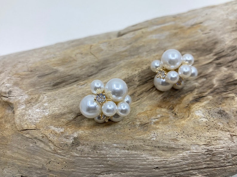 Cluster Pearl Earrings, Bridal Pearl Earrings, Wedding Pearl Earrings, Bridesmaid Gift, Cluster Pearl Stud, Natural Pearl, Graduation Gift image 1