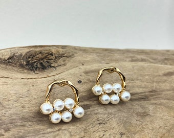 Baroque Freshwater Pearl Earrings, 18ct gold Cluster Pearl Hoop Studs,  Pearl Ear Jacket, Irregular Pearl Ring Studs, Wedding pearl earrings