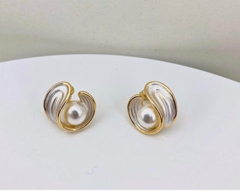 Gold Petal Freshwater Stud Earrings, 18ct Gold Pearl Earrings, Solid Sterling Silver Earrings, Baroque Pearl Earrings