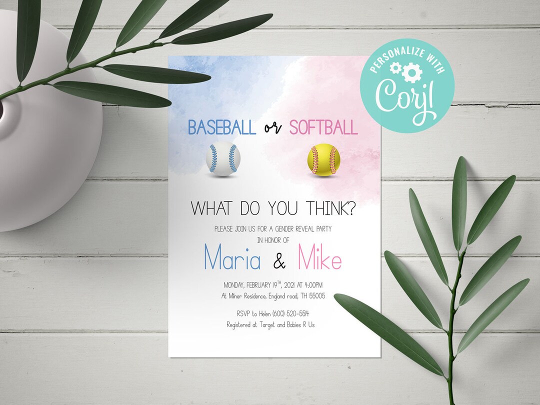 EDITABLE Baseball or Softball Gender Reveal, Blue and Pink Invitation, Printable Pdf, Instant