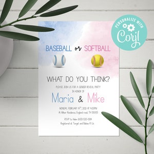 EDITABLE Baseball Or Softball Gender reveal, blue and pink invitation, printable pdf, instant download, boy or girl shower, CY117