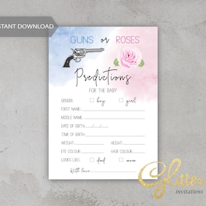 Ducha de revelación de género Guns or Roses, baby shower azul y rosa, tarjeta de predicciones de bebé, juego de descarga instantánea, pdf imprimible, cy107
