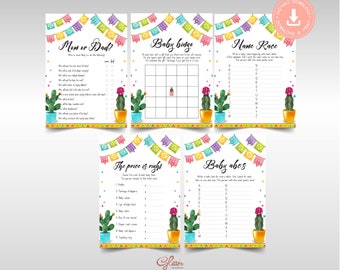 May include: Five printable baby shower game cards with a cactus theme. The games are "Mom or Dad?", "Baby Bingo", "Name Race", "The Price is Right", and "Baby ABC's".