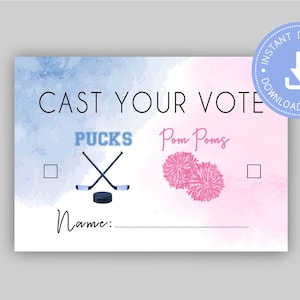 Pucks o Pom Poms, baby shower con tema de hockey, Emite tu voto, azul o rosa, descarga instantánea, niño o niña, CY111