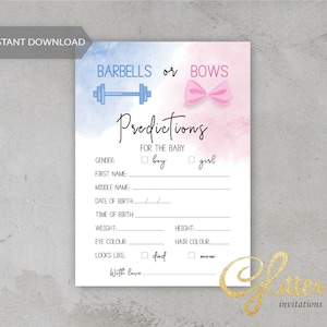 Barbells or Bows Gender Reveal, baby shower bleu et rose, carte de prédictions de bébé, pdf imprimable, baby shower garçon ou fille, CY124