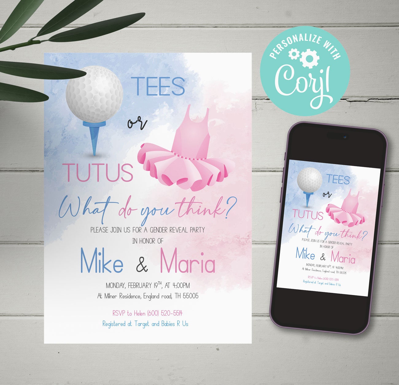 EDITABLE Tees or Tutus gender reveal invitation, blue or pink, printable pdf, instant download, Golf Gender Reveal, CY103