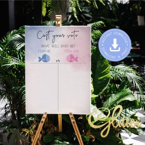 Fishing Theme Gender Reveal, Fish he or Fish she Gender Reveal, blue or pink, cast your vote sign, instant download, printable pdf, CY102