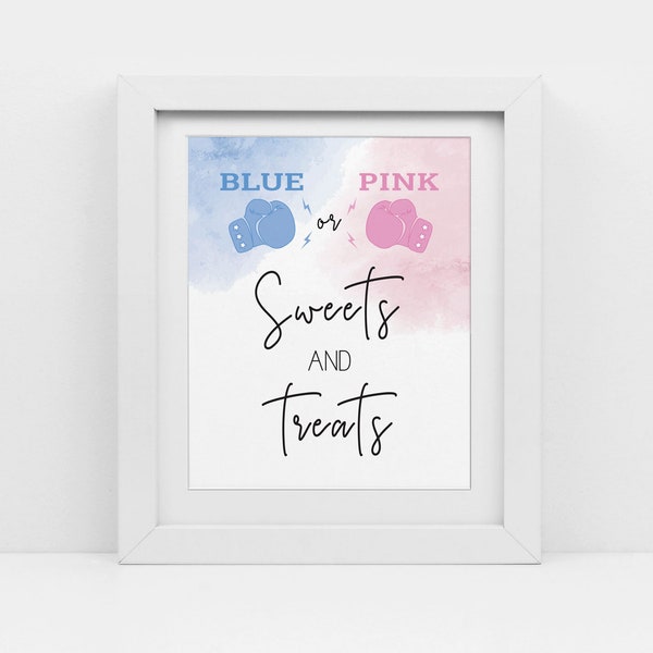 Boxing Gender Reveal, blue and pink, sweets and treats sign, boy or girl baby shower, printable pdf, Boxing Gloves Theme, CY118