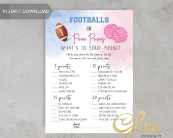 Football Or Pom Poms, Touchdowns Gender Reveal, blue and pink, What's In Your phone Game, printable pdf, Football or Cheerleaders, cy084