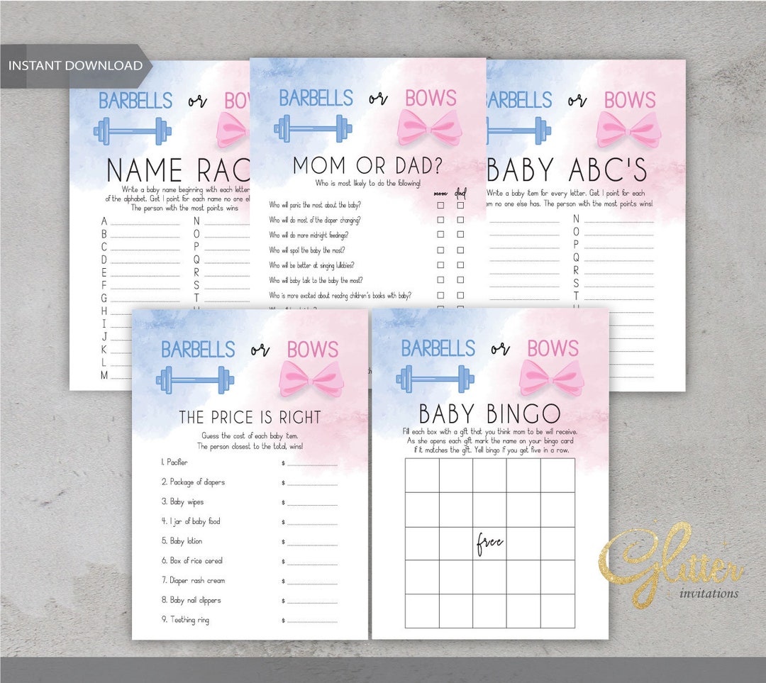 Barbells or Bows Gender Reveal, Blue and Pink, Baby Bingo, Mom Vs Dad