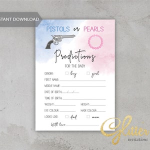 Pistolas o Perlas Gender Reveal shower, baby shower azul y rosa, Tarjeta de predicciones de bebé, juego de descarga instantánea, pdf imprimible, cy121
