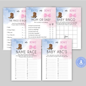 Boots or Bows Gender reveal, boy or  girl baby shower, blue or pink, baby bingo, mom vs dad, baby abc, the price is right, baby race, CY088