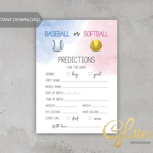 Béisbol o Softbol Revelación de género, azul y rosa, Predicciones de bebé, Juego de descarga instantánea, pdf imprimible, baby shower de niño o niña, cy117