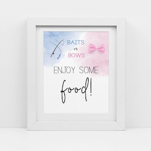 Könnte beinhalten: Ein weiß gerahmtes Schild mit einem blauen und rosafarbenen Aquarellhintergrund. Das Schild sagt "BAITS or BOWS ENJOY SOME food!" mit einer Angelrute und einer rosafarbenen Schleife.
