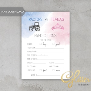 Tractores o Tiaras Gender Reveal, baby shower de granja, azul y rosa, Predicciones de bebé, Juego de descarga instantánea, pdf imprimible, CY116