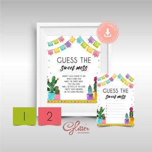 May include: Printable game cards for a "Guess the Sweet Mess" party game. The cards feature a colorful cactus design with the text "Guess the Sweet Mess" and instructions to inspect each diaper to see which candy bar made the sweet mess.