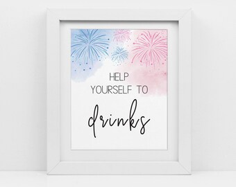 May include: A white framed sign with a watercolor background of pink and blue fireworks. The text on the sign reads "Help yourself to drinks".