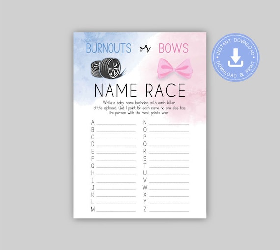 Burnouts or Bows Gender Reveal: Baby Name Race Game (PDF)