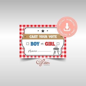 BBQ Baby Q Shower, Emita su voto, Ducha de revelación de género, descarga instantánea, niño o niña, él o ella emitió tarjeta de voto, pdf imprimible, CY068