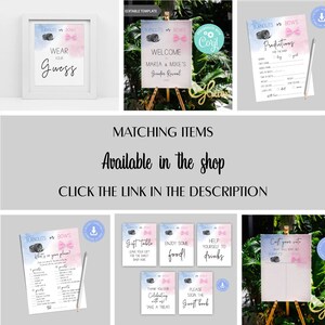 Puede incluir: Un conjunto de carteles imprimibles para una fiesta de revelaci&oacute;n de g&eacute;nero con un fondo de acuarela azul y rosa. Los carteles presentan un dise&ntilde;o de neum&aacute;tico y lazo con el texto "Burouts or Bows". Los carteles incluyen un cartel de bienvenida, un cartel de libro de visitas, un cartel de mesa de regalos, un cartel de predicciones, un cartel de adivina y un cartel de vota.
