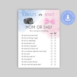 Burnouts or Bows, Gender reveal shower, Printable mom vs dad game, instant download, blue and pink, Wheels or bows, cy082