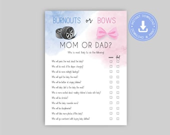 Burnouts or Bows Gender Reveal Game: Mom vs Dad Quiz (PDF)