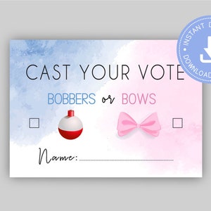 Bobbers o Bows Gender Reveal, Baby shower con tema de pesca, Emite tu voto, azul o rosa, descarga instantánea, niño o niña, CY109